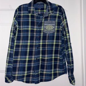 GUESS Boys’ Navy and Green Plaid Button Down Shirt Size 12